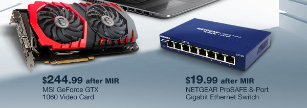 MSI GeForce GTX 1060 Video Card. NETGEAR ProSAFE 8-Port Gigabit Ethernet Switch.