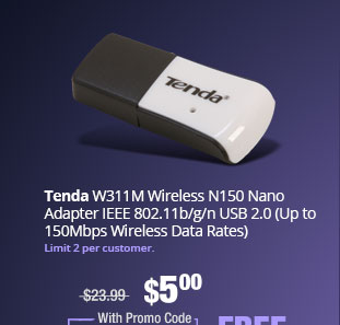 Tenda W311M Wireless N150 Nano Adapter IEEE 802.11b/g/n USB 2.0 (Up to 150Mbps Wireless Data Rates) 
