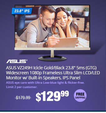ASUS VZ249H Icicle Gold/Black 23.8" 5ms (GTG) Widescreen 1080p Frameless Ultra Slim LCD/LED Monitor w/ Built-in Speakers, IPS Panel 