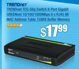 TRENDnet TEG-S8g Switch 8-Port Gigabit GREENnet 10/100/1000Mbps 8 x RJ45 8K MAC Address Table 128KB Buffer Memory