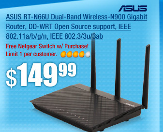 ASUS RT-N66U Dual-Band Wireless-N900 Gigabit Router, DD-WRT Open Source support, IEEE 802.11a/b/g/n, IEEE 802.3/3u/3ab 