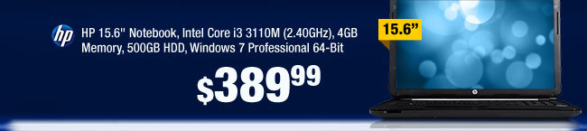 HP 15.6" Notebook, Intel Core i3 3110M (2.40GHz), 4GB Memory, 500GB HDD, Windows 7 Professional 64-Bit