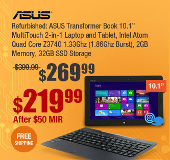 Refurbished: ASUS Transformer Book 10.1” MultiTouch 2-in-1 Laptop and Tablet, Intel Atom Quad Core Z3740 1.33Ghz (1.86Ghz Burst), 2GB Memory, 32GB SSD Storage 