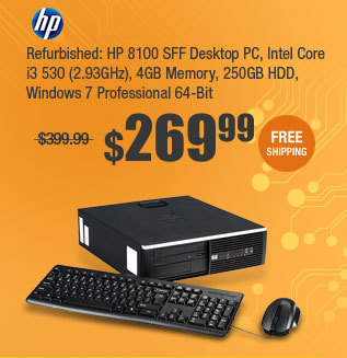 Refurbished: HP 8100 SFF Desktop PC, Intel Core i3 530 (2.93GHz), 4GB Memory, 250GB HDD, Windows 7 Professional 64-Bit 