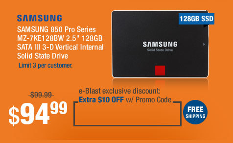 SAMSUNG 850 Pro Series MZ-7KE128BW 2.5" 128GB SATA III 3-D Vertical Internal Solid State Drive