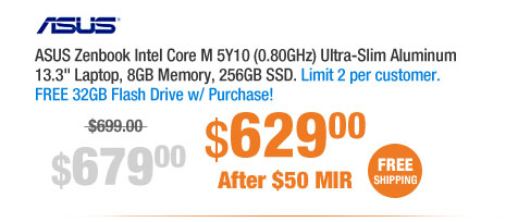 ASUS Zenbook Intel Core M 5Y10 (0.80GHz) Ultra-Slim Aluminum 13.3" Laptop, 8GB Memory, 256GB SSD