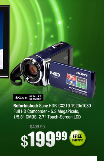 Refurbished: Sony HDR-CX210 1920x1080 Full HD Camcorder - 5.3 MegaPixels, 1/5.8 inch CMOS, 2.7 inch Touch-Screen LCD