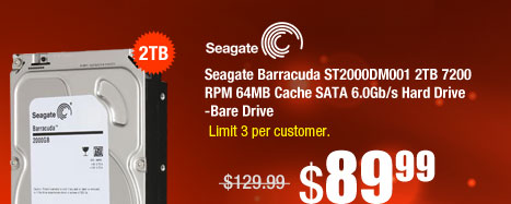 Seagate Barracuda ST2000DM001 2TB 7200 RPM 64MB Cache SATA 6.0Gb/s Hard Drive -Bare Drive 