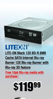 LITE-ON Black 12X BD-R 8MB Cache SATA Internal Blu-ray Burner 12X Blu-ray Burner with Blu-ray 3D feature