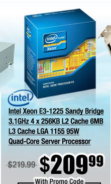 Intel Xeon E3-1225 Sandy Bridge 3.1GHz 4 x 256KB L2 Cache 6MB L3 Cache LGA 1155 95W Quad-Core Server Processor 