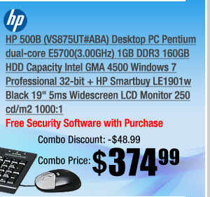 HP 500B (VS875UT#ABA) Desktop PC Pentium dual-core E5700(3.00GHz) 1GB DDR3 160GB HDD Capacity Intel GMA 4500 Windows 7 Professional 32-bit + HP Smartbuy LE1901w Black 19" 5ms Widescreen LCD Monitor 250 cd/m2 1000:1