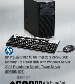 HP ProLiant ML110 G6 Intel Core i3-540 2GB Memory 2 x 160GB HDD with Windows Server 2008 Foundation Special Tower Server (597558-005) 
