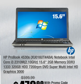 HP ProBook 4530s (XU016UT#ABA) Notebook Intel Core i3 2310M(2.10GHz) 15.6" 2GB Memory DDR3 1333 320GB HDD 7200rpm DVD Super Multi Intel HD Graphics 3000 