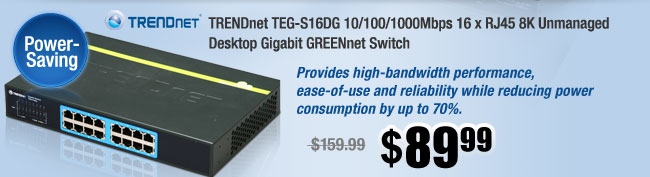 TRENDnet TEG-S16DG 10/100/1000Mbps 16 x RJ45 8K Unmanaged Desktop Gigabit GREENnet Switch