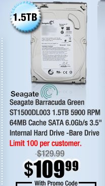Seagate Barracuda Green ST1500DL003 1.5TB 5900 RPM 64MB Cache SATA 6.0Gb/s 3.5" Internal Hard Drive -Bare Drive
