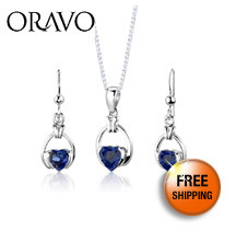Sterling Silver Heart Shape Sapphire Pendant Earrings and 18 inch Necklace Set