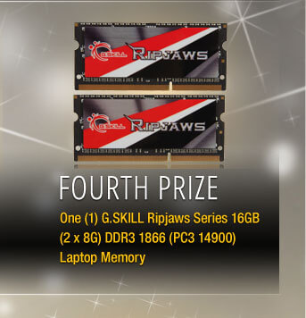 Fourth Prize One (1) G.SKILL Ripjaws Series 16GB (2 x 8G) DDR3 1866 (PC3 14900) Laptop Memory