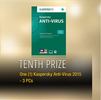 Tenth Prize One (1) Kaspersky Anti-Virus 2015 - 3 PCs