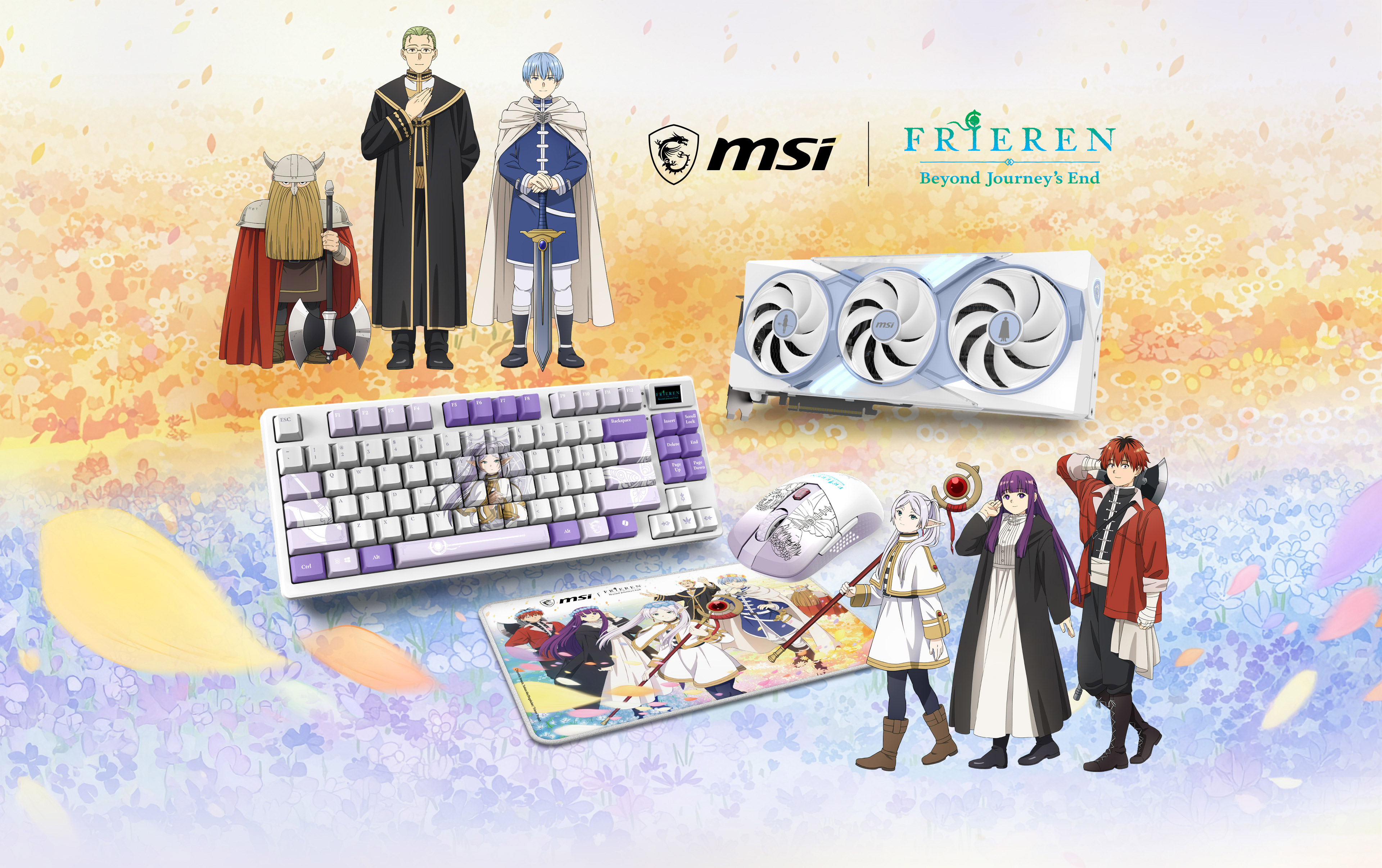 MSI x Frieren: Beyond Journey's End collection — GeForce RTX graphics card, Forge TKL keyboard, Versa mouse and Agility mousepad with the cast