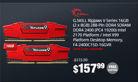 G.SKILL Ripjaws V Series 16GB (2 x 8GB) 288-Pin DDR4 SDRAM DDR4 2400 (PC4 19200) Intel Z170 Platform / Intel X99 Platform Desktop Memory, F4-2400C15D-16GVR