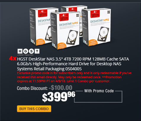 Combo: 4x - HGST DeskStar NAS 3.5" 4TB 7200 RPM 128MB Cache SATA 6.0Gb/s High-Performance Hard Drive for Desktop NAS Systems Retail Packaging 0S04005