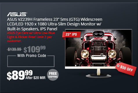ASUS VZ239H Frameless 23” 5ms (GTG) Widescreen LCD/LED 1920 x 1080 Ultra-Slim Design Monitor w/ Built-in Speakers, IPS Panel