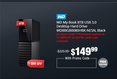 WD My Book 8TB USB 3.0 Desktop Hard Drive WDBBGB0080HBK-NESN, Black
