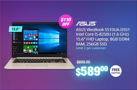 ASUS VivoBook S510UA-DS51 Intel Core i5-8250U (1.6 GHz Turbo up to 4.0 GHz) 15.6" FHD Laptop, 8GB DDR4 RAM, 256GB SSD