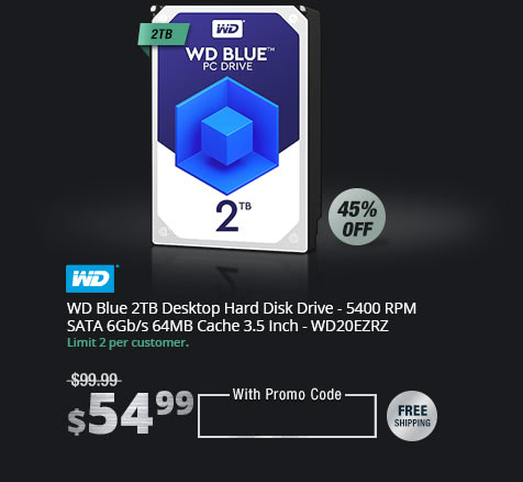 WD Blue 2TB Desktop Hard Disk Drive - 5400 RPM SATA 6Gb/s 64MB Cache 3.5 Inch - WD20EZRZ