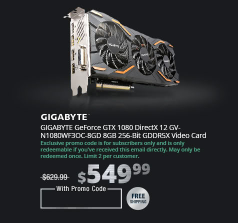 GIGABYTE GeForce GTX 1080 DirectX 12 GV-N1080WF3OC-8GD 8GB 256-Bit GDDR5X Video Card