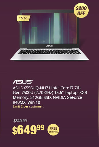 ASUS X556UQ-NH71 Intel Core i7 7th Gen 7500U (2.70 GHz) 15.6" Laptop, 8GB Memory, 512GB SSD, NVIDIA GeForce 940MX, Win 10