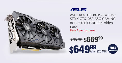 ASUS ROG GeForce GTX 1080 STRIX-GTX1080-A8G-GAMING 8GB 256-Bit GDDR5X  Video Card