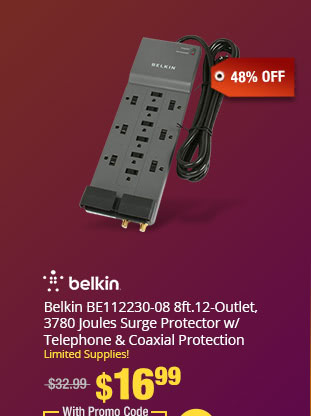 Belkin BE112230-08 8ft.12-Outlet, 3780 Joules Surge Protector w/ Telephone & Coaxial Protection