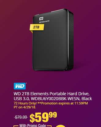 WD 2TB Elements Portable Hard Drive, USB 3.0, WDBU6Y0020BBK-WESN, Black