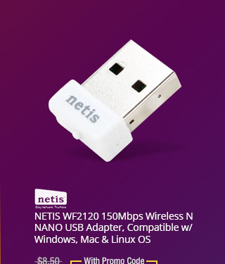 NETIS WF2120 150Mbps Wireless N NANO USB Adapter, Compatible w/ Windows, Mac & Linux OS