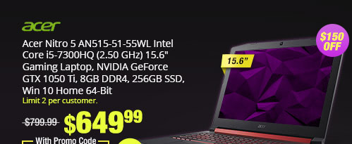 Acer Nitro 5 AN515-51-55WL Intel Core i5-7300HQ (2.50 GHz) 15.6" Gaming Laptop, NVIDIA GeForce GTX 1050 Ti, 8GB DDR4, 256GB SSD, Win 10 Home 64-Bit