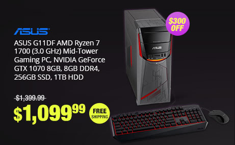 ASUS G11DF AMD Ryzen 7 1700 (3.0 GHz) Mid-Tower Gaming PC, NVIDIA GeForce GTX 1070 8GB, 8GB DDR4, 256GB SSD, 1TB HDD