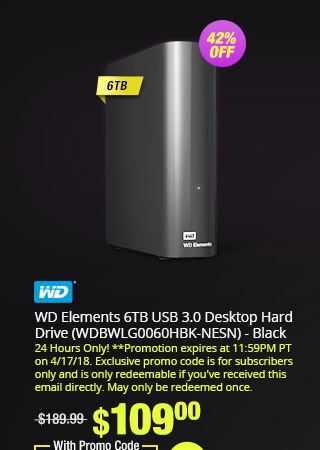 WD Elements 6TB USB 3.0 Desktop Hard Drive (WDBWLG0060HBK-NESN) - Black