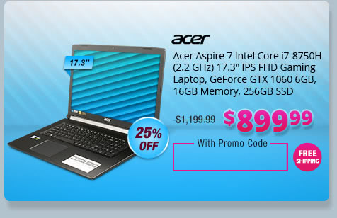 Acer Aspire 7 Intel Core i7-8750H (2.2 GHz) 17.3" IPS FHD Gaming Laptop, GeForce GTX 1060 6GB, 16GB Memory, 256GB SSD