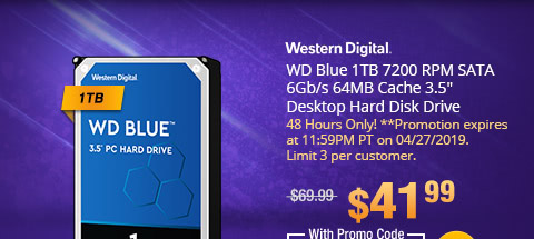 WD Blue 1TB 7200 RPM SATA 6Gb/s 64MB Cache 3.5" Desktop Hard Disk Drive