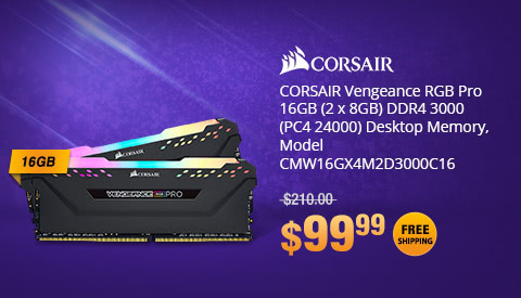 CORSAIR Vengeance RGB Pro 16GB (2 x 8GB) DDR4 3000 (PC4 24000) Desktop Memory, Model CMW16GX4M2D3000C16