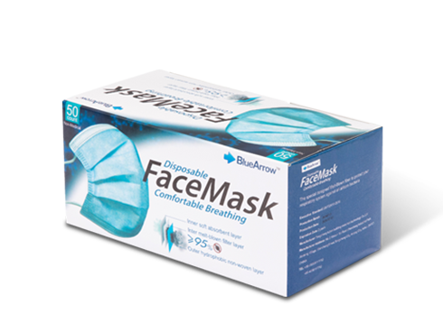 Blue Arrow Disposable 3-Layers Face Mask in Blue Color, Size: 6.10" x 4.13", 50 pcs per Box