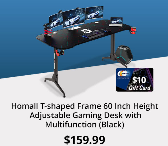 Homall T-shaped Frame 60 Inch Height Adjustable Gaming Desk with Multifunction (Black)