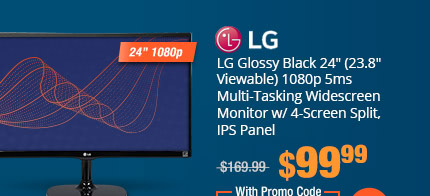 LG Glossy Black 24" (23.8" Viewable) 1080p 5ms Multi-Tasking Widescreen Monitor w/ 4-Screen Split, IPS Panel