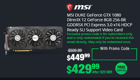 MSI DUKE GeForce GTX 1080 DirectX 12 GeForce 8GB 256-Bit GDDR5X PCI Express 3.0 x16 HDCP Ready SLI Support Video Card