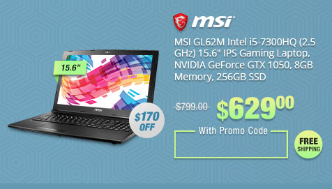 MSI GL62M Intel i5-7300HQ (2.5 GHz) 15.6" IPS Gaming Laptop, NVIDIA GeForce GTX 1050, 8GB Memory, 256GB SSD