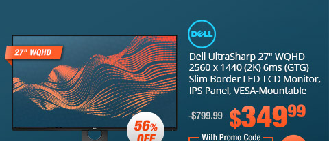 Dell UltraSharp 27" WQHD 2560 x 1440 (2K) 6ms (GTG) Slim Border LED-LCD Monitor, IPS Panel, VESA-Mountable