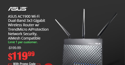 ASUS AC1900 Wi-Fi Dual-Band 3x3 Gigabit Wireless Router w/ TrendMicro AiProtection Network Security, AiMesh Compatible. Limit 1 per customer.