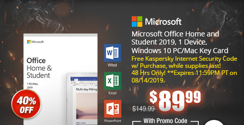 Microsoft Office Home and Student 2019, 1 Device, Windows 10 PC/Mac Key Card