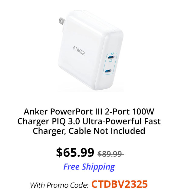 Anker PowerPort III 2-Port 100W Charger PIQ 3.0 Ultra-Powerful Fast Charger, Cable Not Included